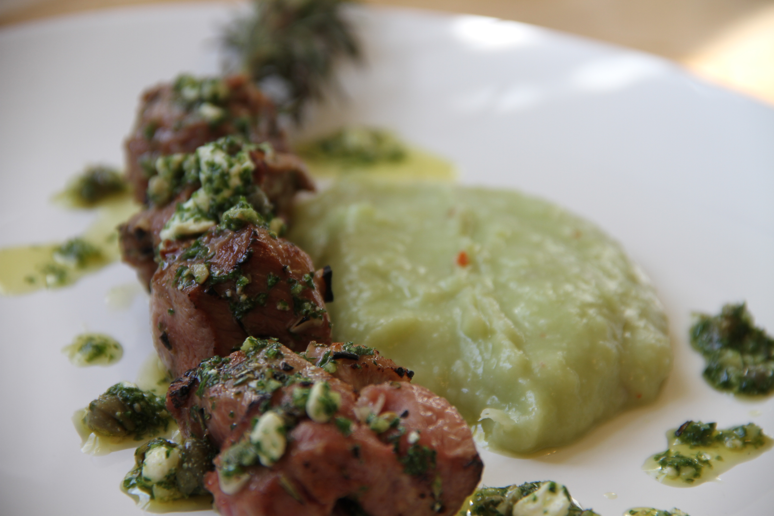 lamb skewers with lima bean puree